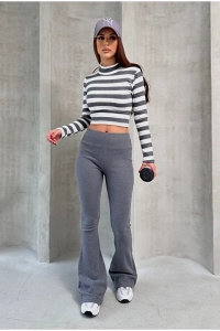 BALIKÇI YAKA ŞARDONLU UZUN KOL ÇİZGİLİ CROP BODY İSPANYOL PAÇA TAYT TAKIM